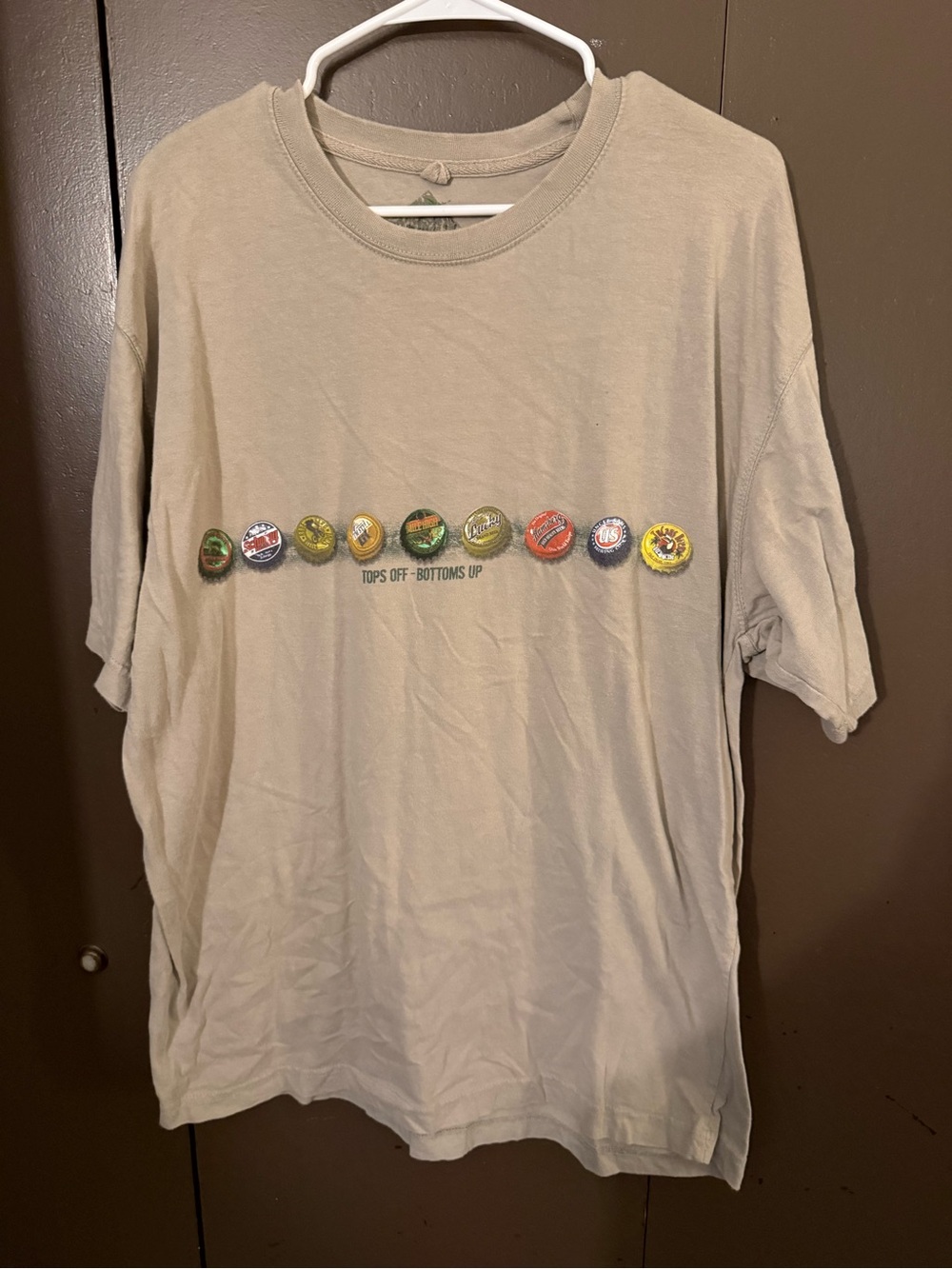 Newport Tan Short Sleeve Tee with Multicolor Bottle Cap Row